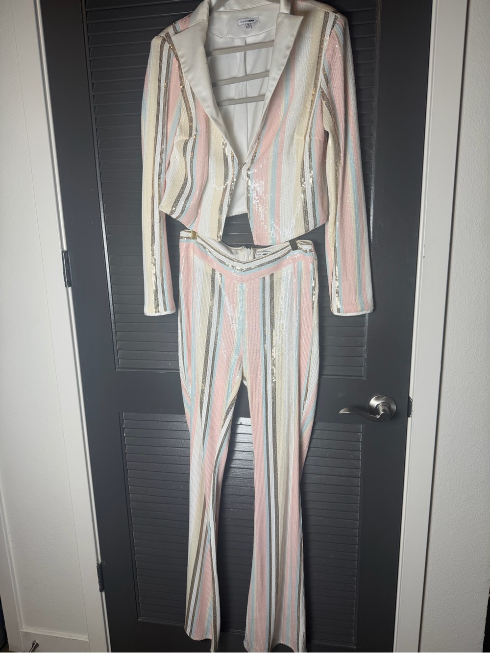 Fashion Nova Pastel Striped Sequin Two-Piece Pantsuit